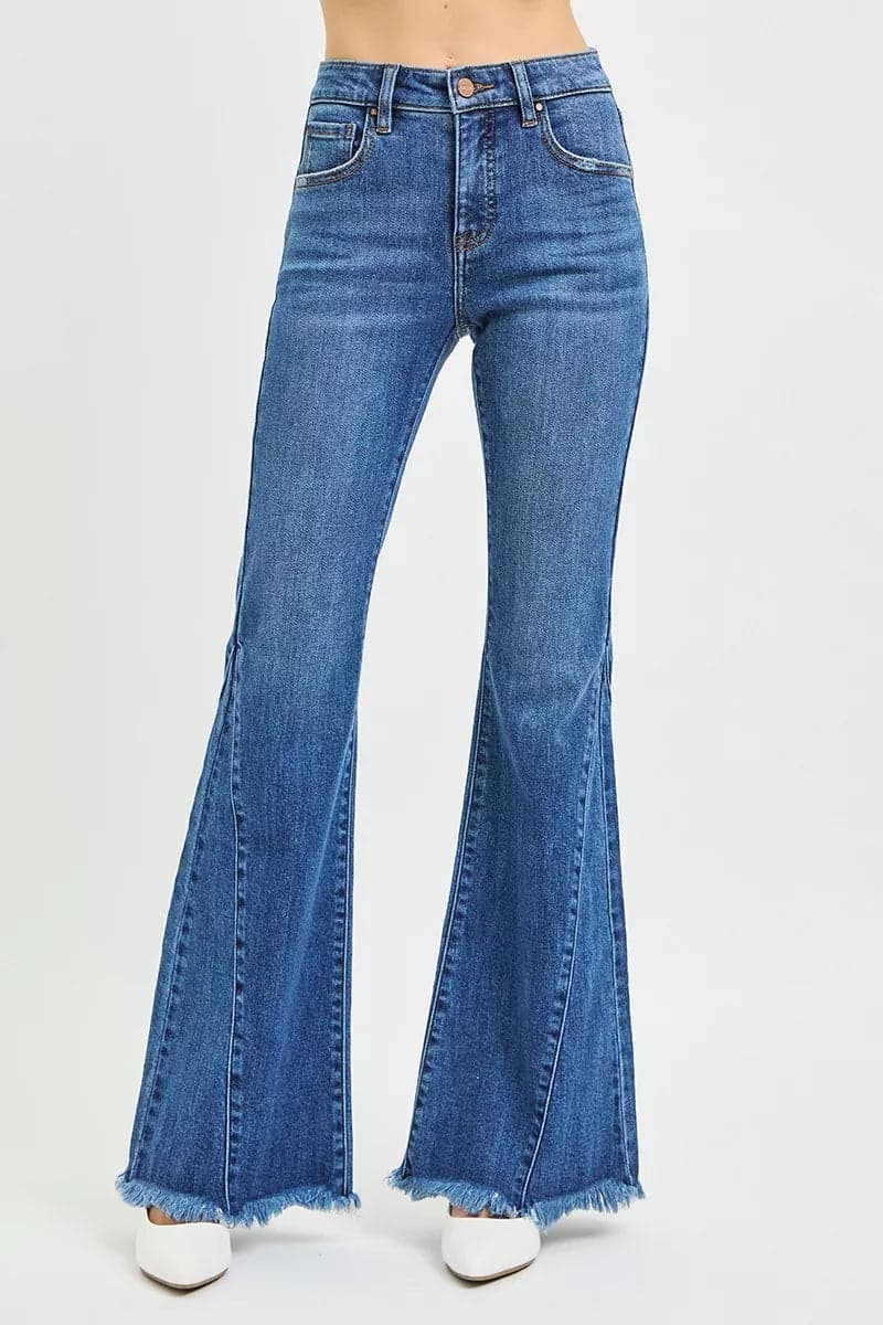RISEN Mid Rise Flare Side Seam Detailing Jeans - DARK / 0