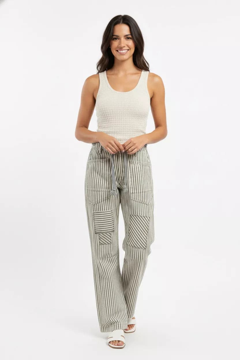 BiBi Drawstring Striped Twill Barrel Pants - GREY / XL - Thumbnail 2