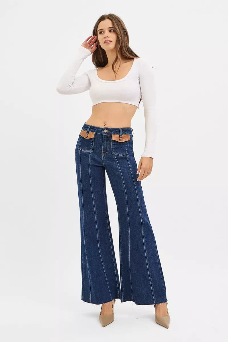 RISEN High Rise Wide Flare Jeans with Front Leather Pocket Detail - DARK / 5 - Thumbnail 6