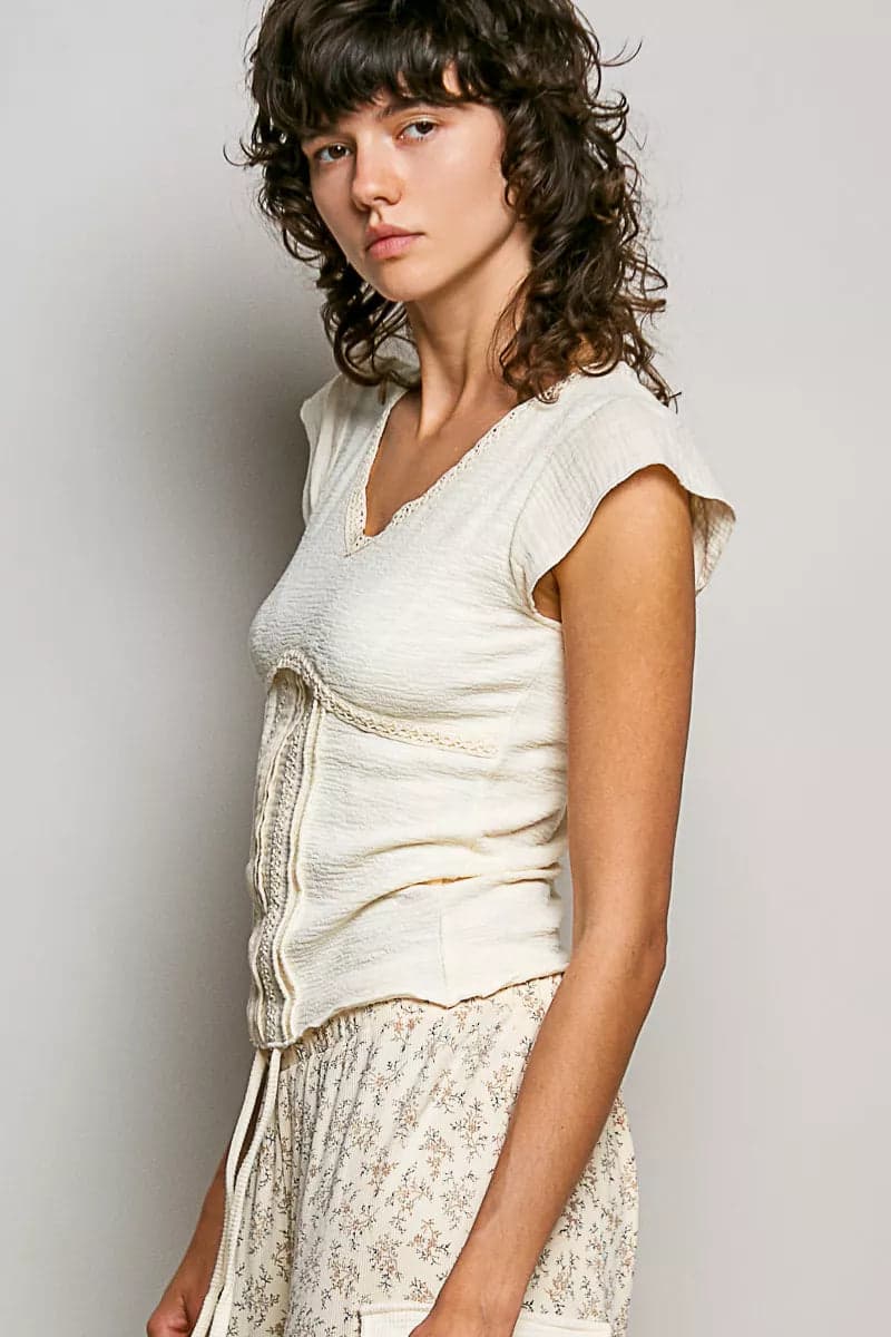 POL V-Neck Lightweight Textured Short Sleeve Knit Top with Lace Trim - CREAM / L - Thumbnail 3