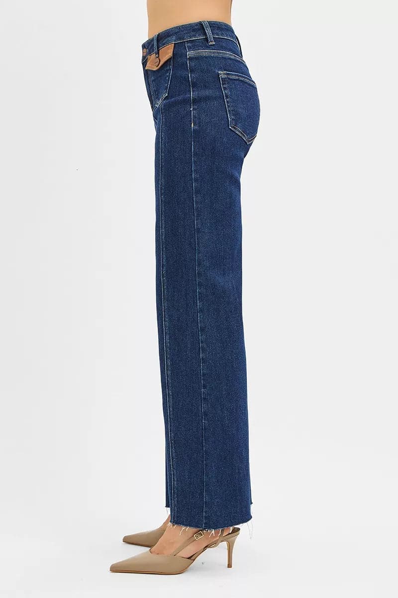 RISEN High Rise Wide Flare Jeans with Front Leather Pocket Detail - DARK / 3 - Thumbnail 4