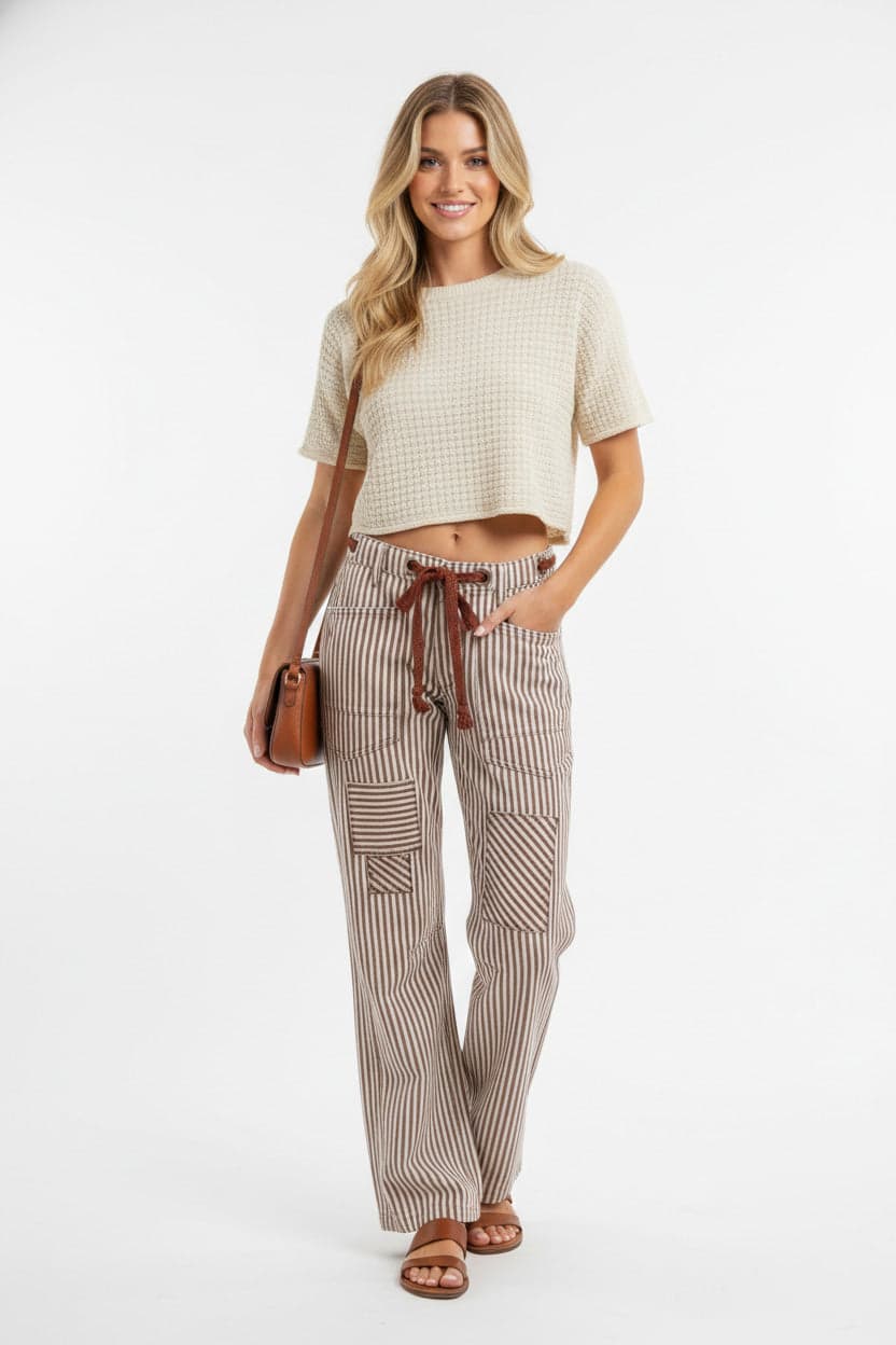 BiBi Drawstring Striped Twill Barrel Pants - MOCHA BROWN / XL - Thumbnail 2