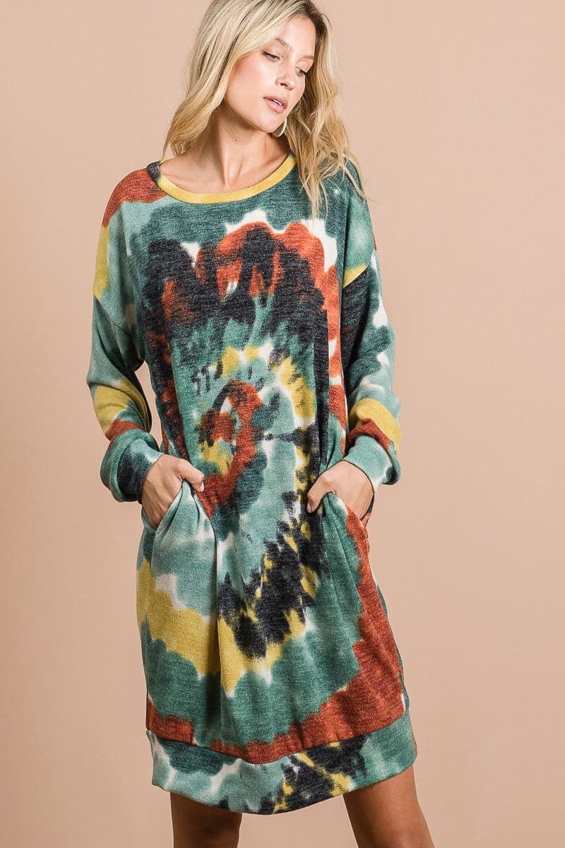 BiBi Tie Dye Print Knit Dress with Side Pocket - RUST/OLIVE / L