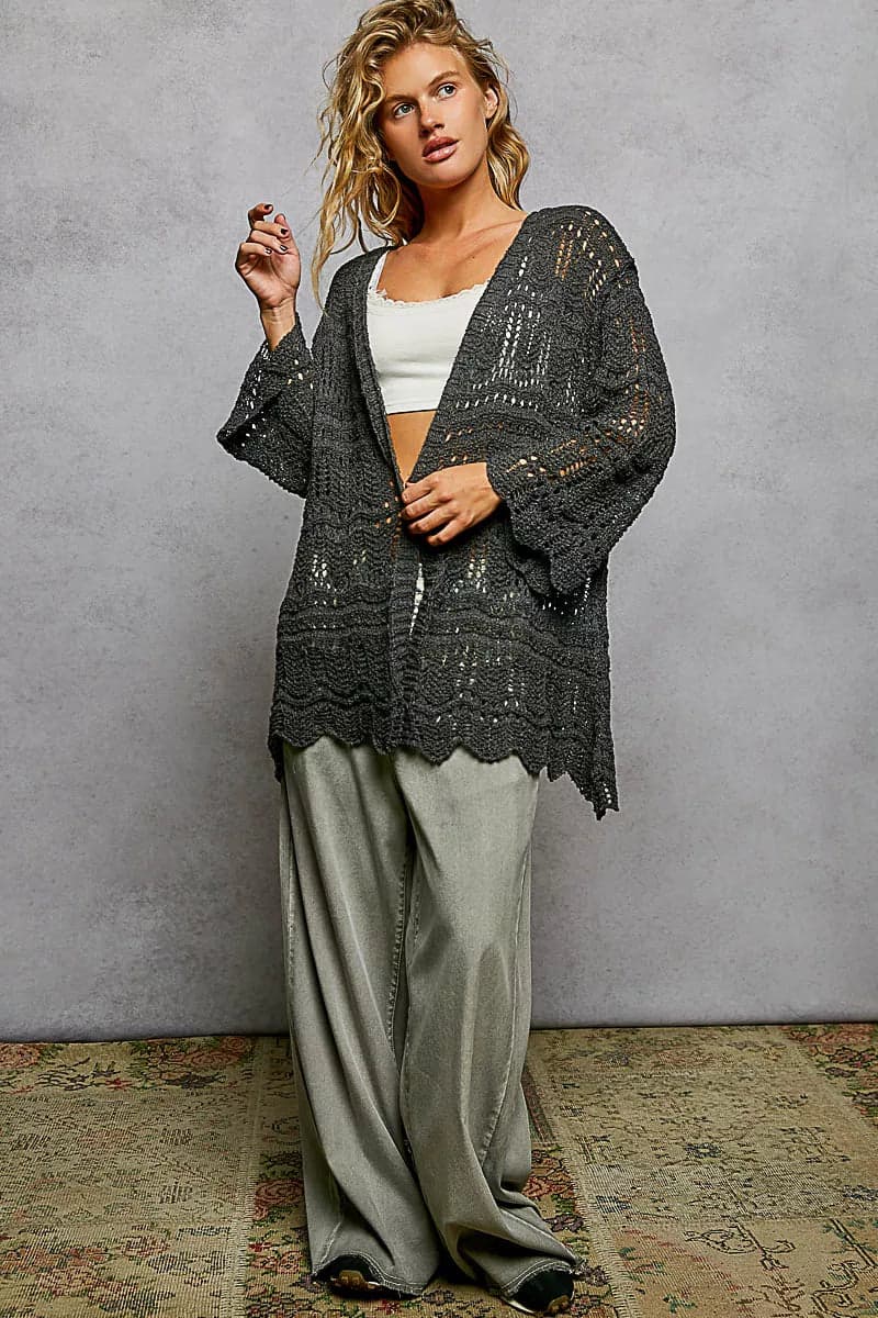 POL Openwork Lightweight Open Front Cardigan with Scalloped Edge - CHARCOAL / M - Thumbnail 5