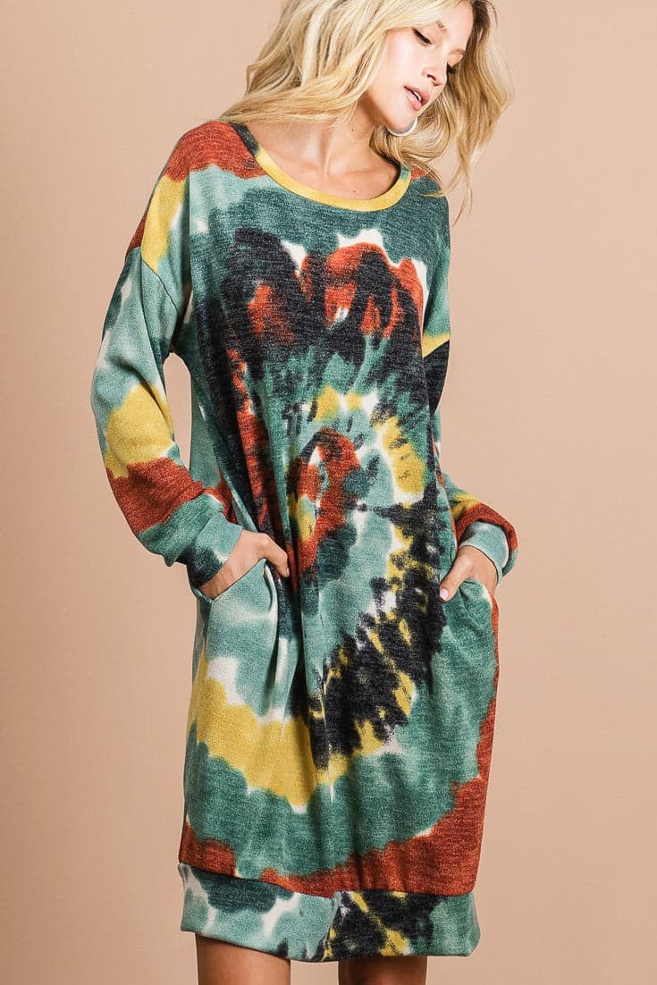 BiBi Tie Dye Print Knit Dress with Side Pocket - RUST/OLIVE / XL - Thumbnail 2
