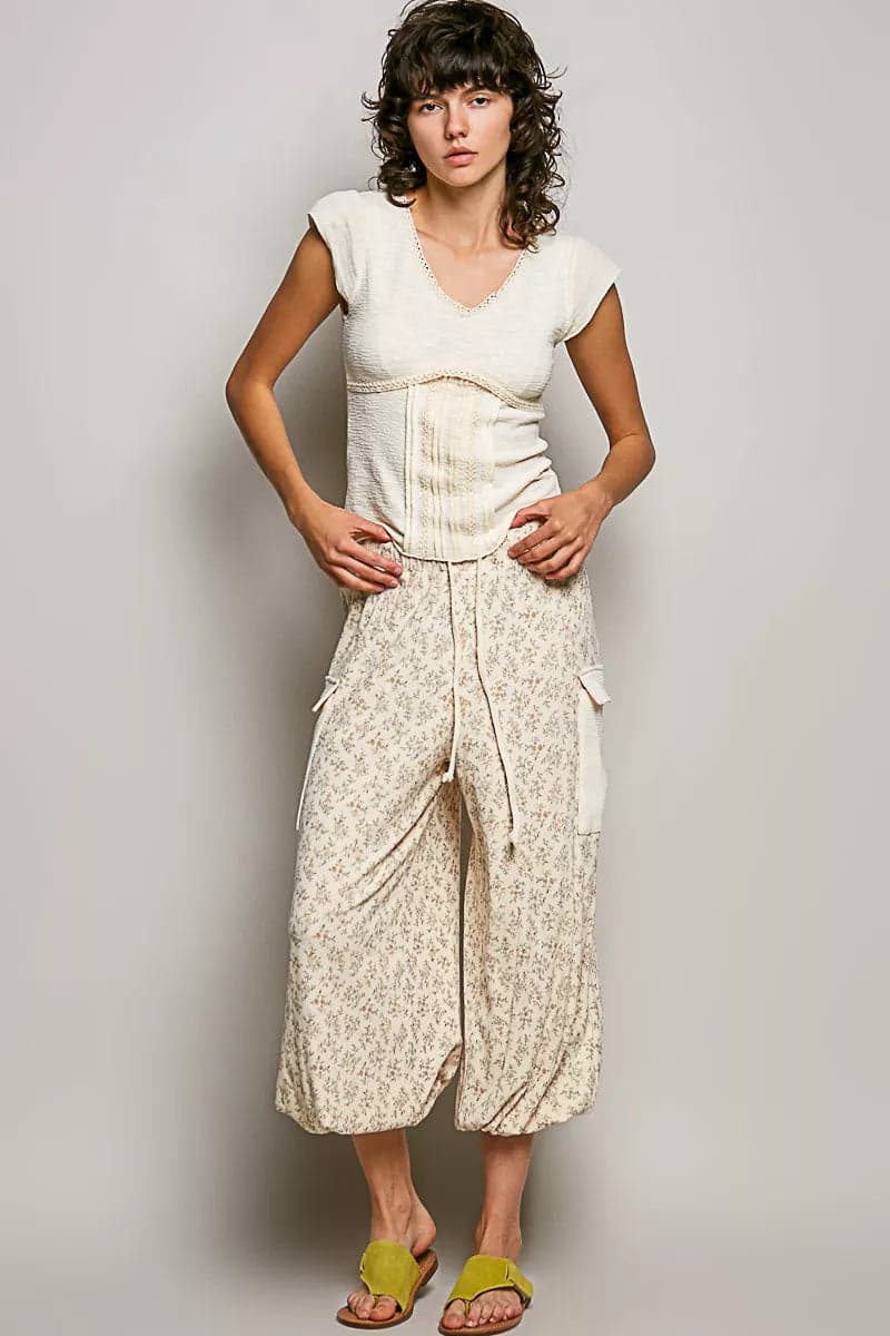 POL V-Neck Lightweight Textured Short Sleeve Knit Top with Lace Trim - CREAM / L - Thumbnail 5