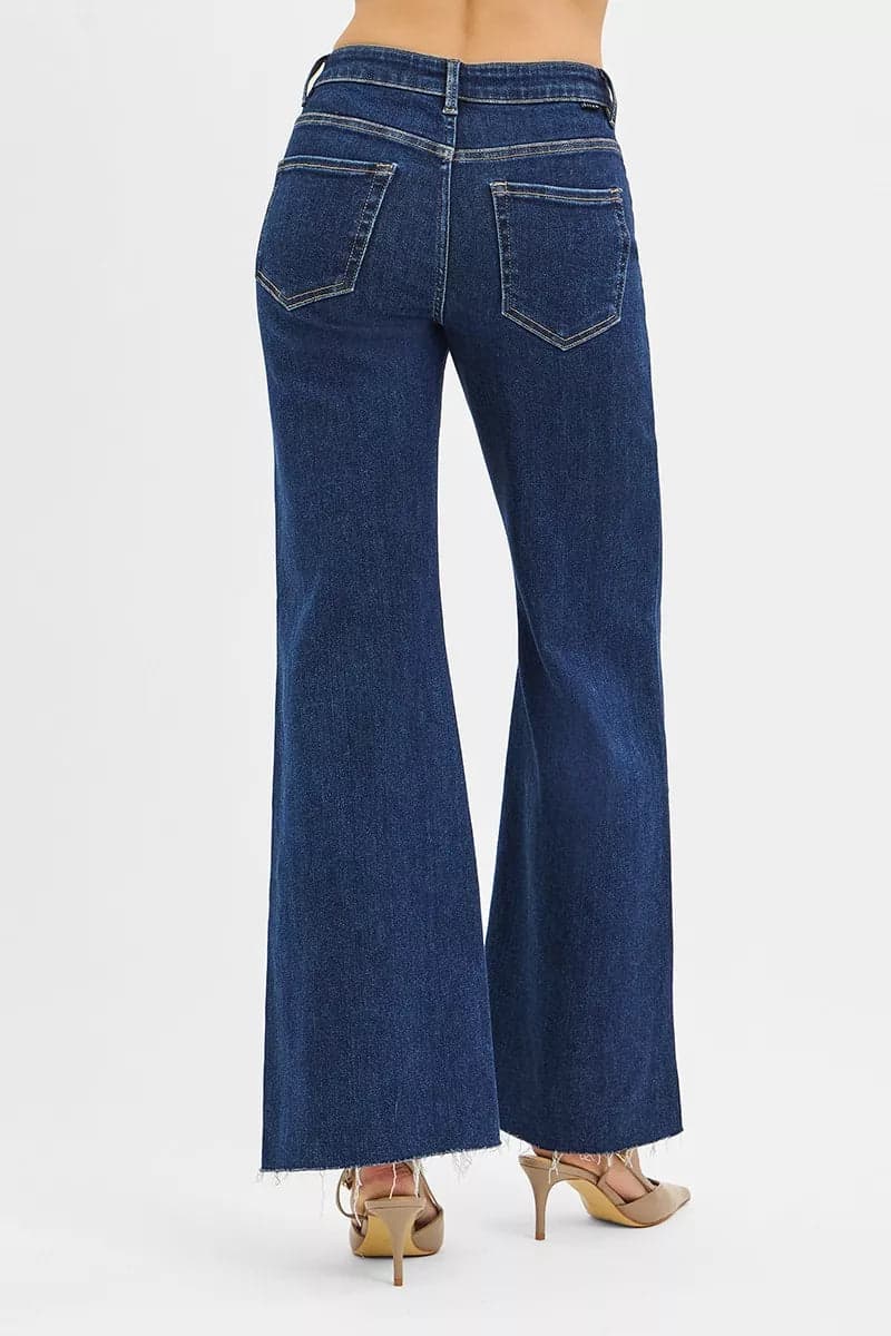 RISEN High Rise Wide Flare Jeans with Front Leather Pocket Detail - DARK / 3 - Thumbnail 5