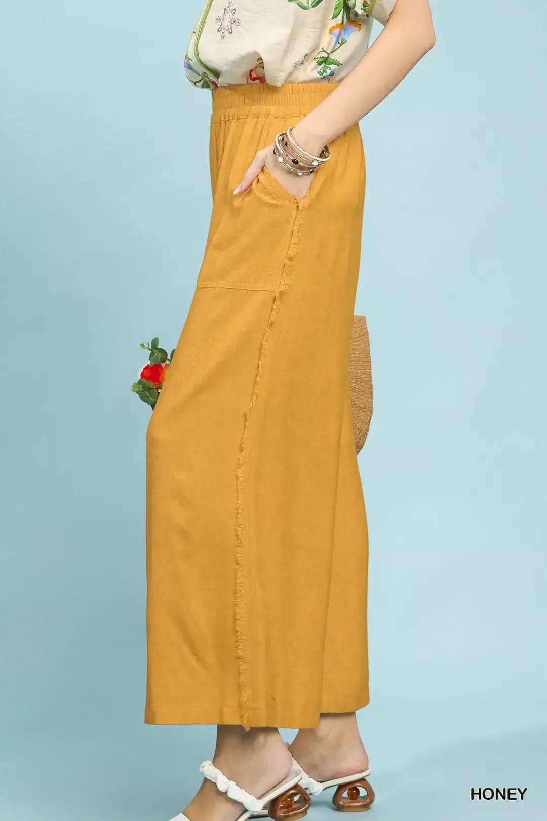 Umgee Linen Frayed Side Pocket Wide Leg Pants - HONEY / S - Thumbnail 2