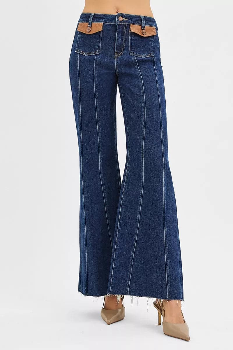 RISEN High Rise Wide Flare Jeans with Front Leather Pocket Detail - DARK / 13 - Thumbnail 3