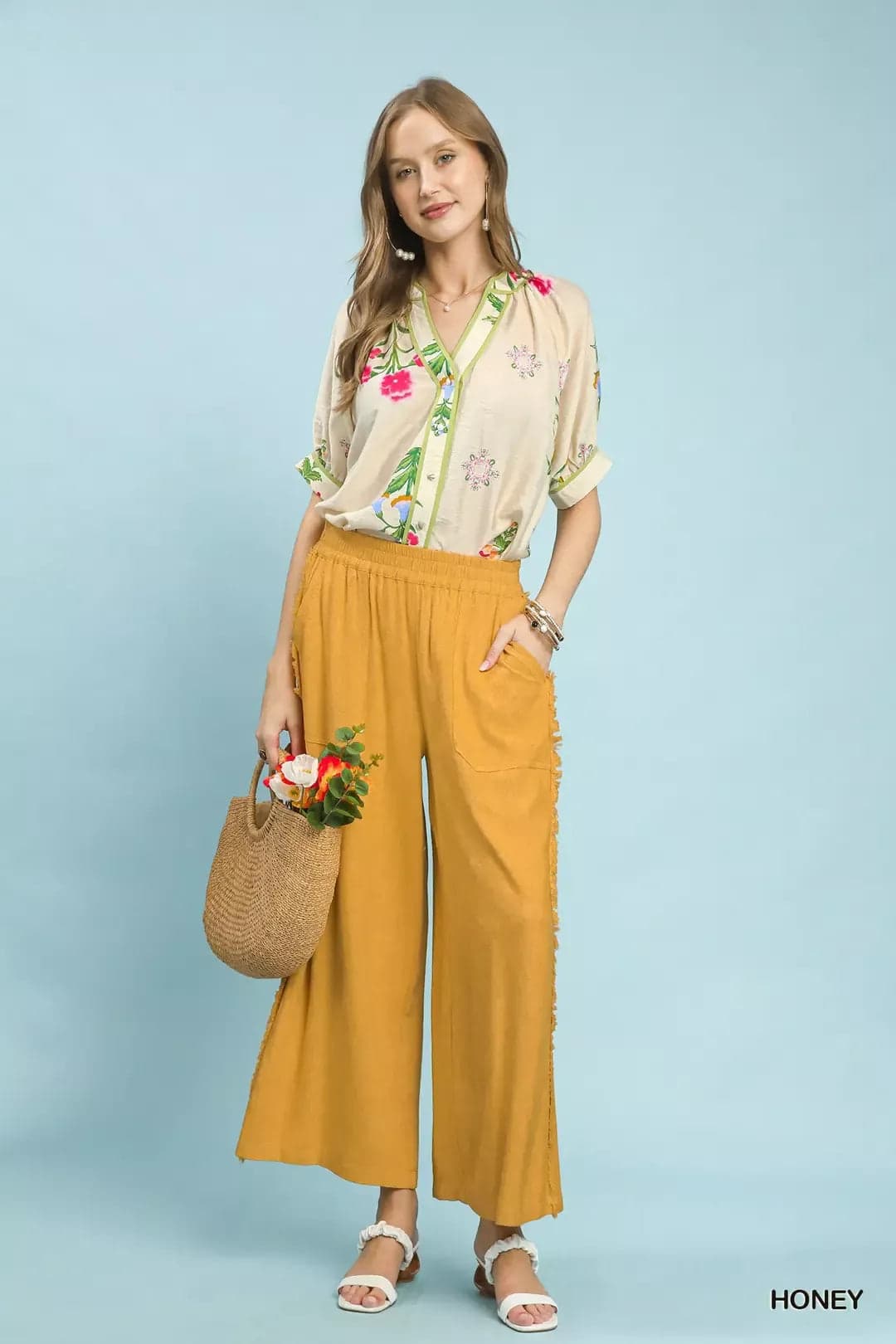Umgee Linen Frayed Side Pocket Wide Leg Pants - HONEY / S - Thumbnail 5