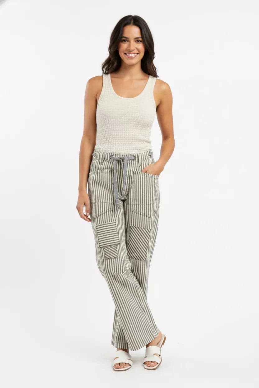 BiBi Drawstring Striped Twill Barrel Pants - GREY / XL