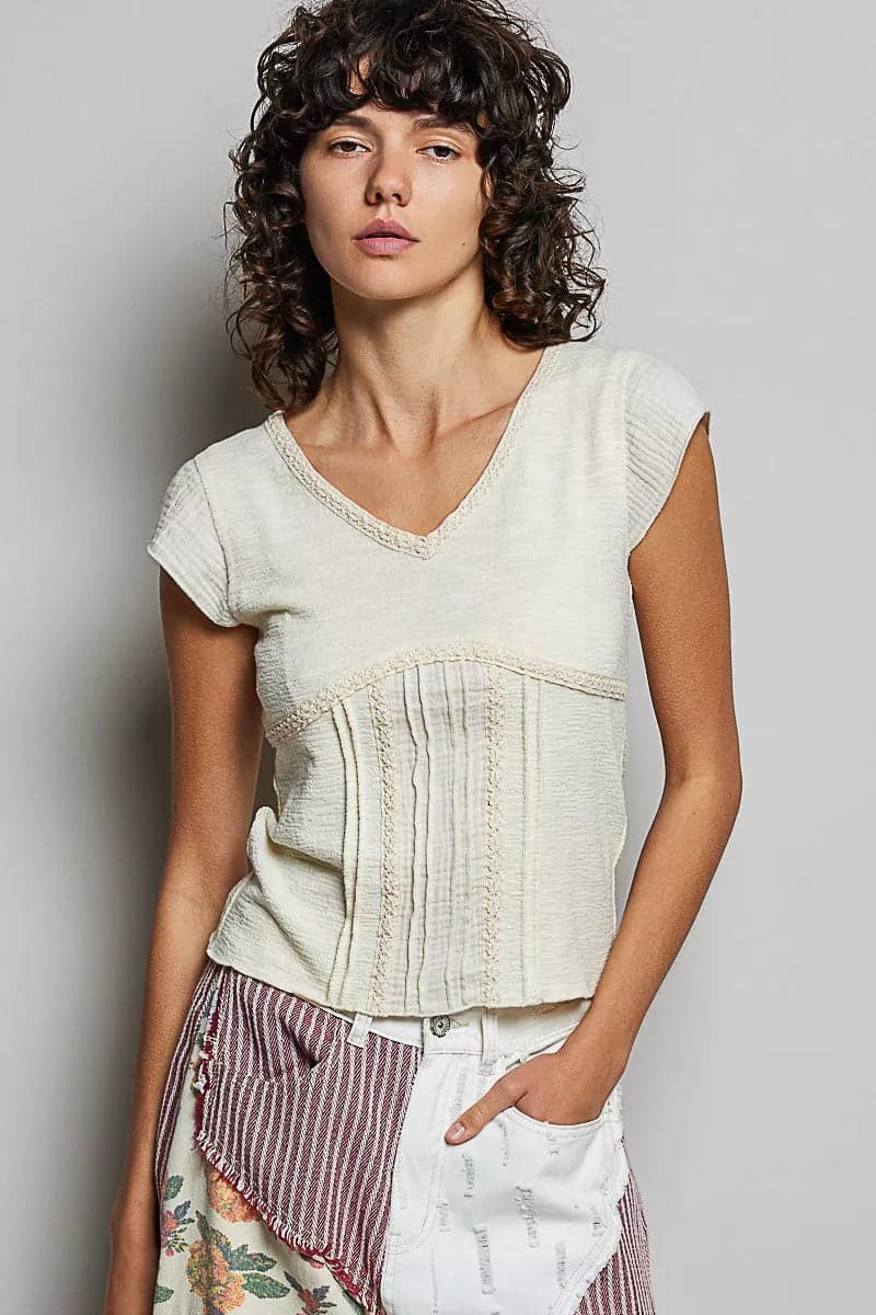 POL V-Neck Lightweight Textured Short Sleeve Knit Top with Lace Trim - CREAM / S - Thumbnail 7