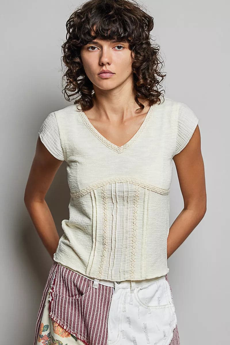 POL V-Neck Lightweight Textured Short Sleeve Knit Top with Lace Trim - CREAM / M - Thumbnail 8