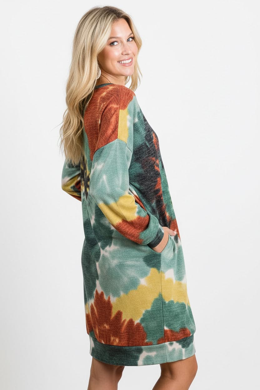 BiBi Tie Dye Print Knit Dress with Side Pocket - RUST/OLIVE / XL - Thumbnail 3