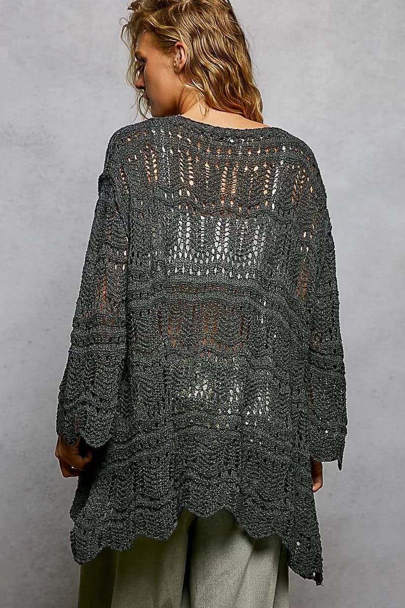 POL Openwork Lightweight Open Front Cardigan with Scalloped Edge - CHARCOAL / M - Thumbnail 4