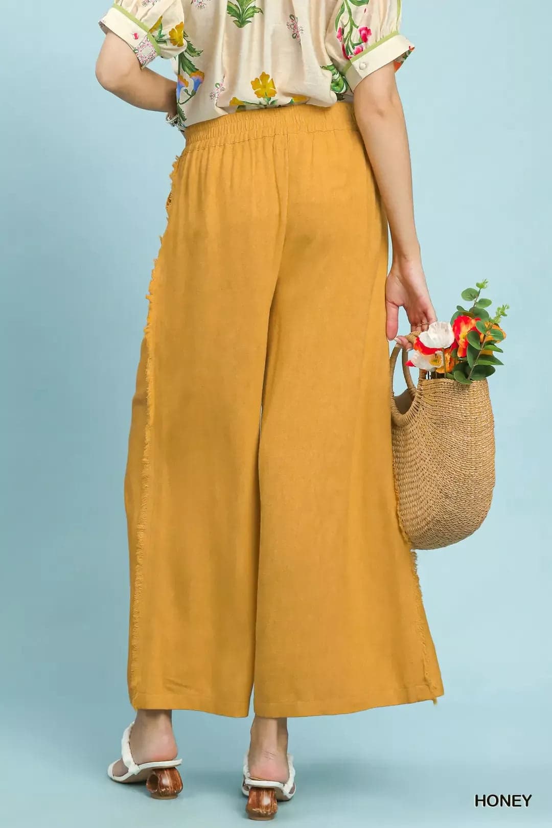 Umgee Linen Frayed Side Pocket Wide Leg Pants - HONEY / S - Thumbnail 3