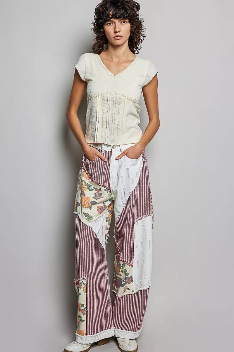 POL V-Neck Lightweight Textured Short Sleeve Knit Top with Lace Trim - CREAM / S - Thumbnail 9