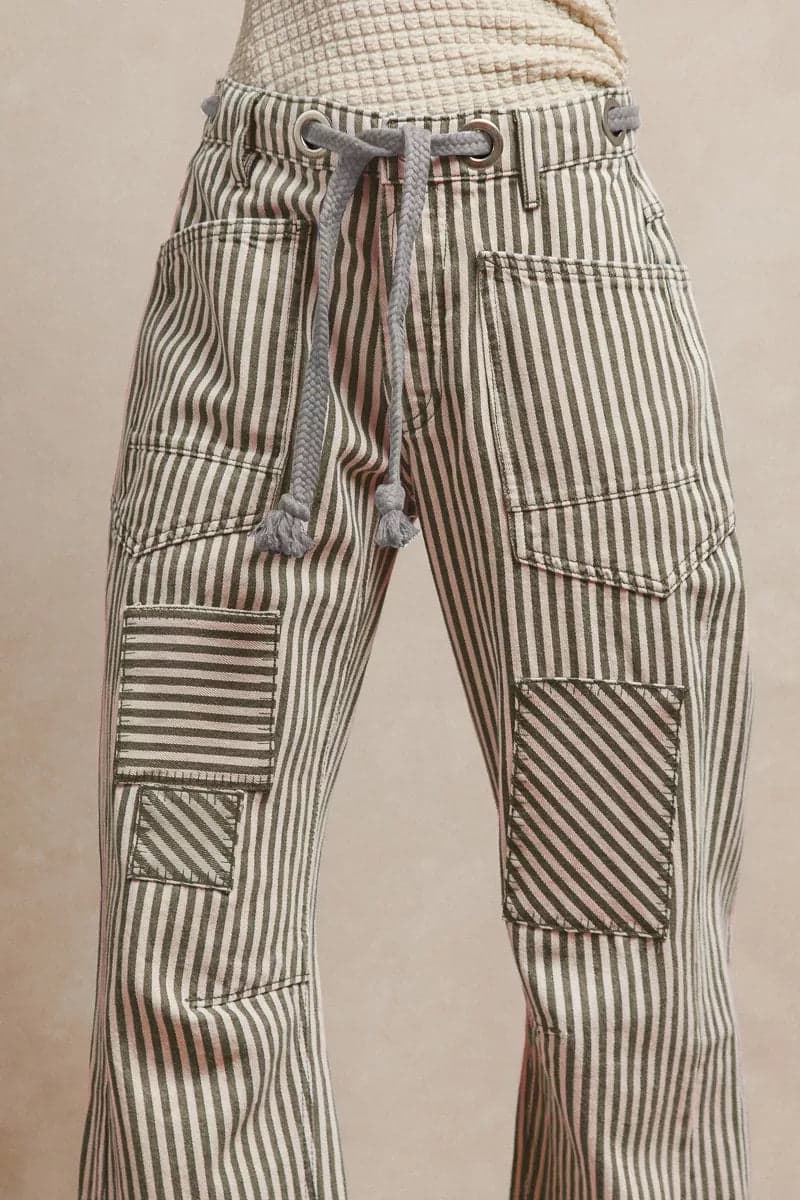 BiBi Drawstring Striped Twill Barrel Pants - GREY / M - Thumbnail 3