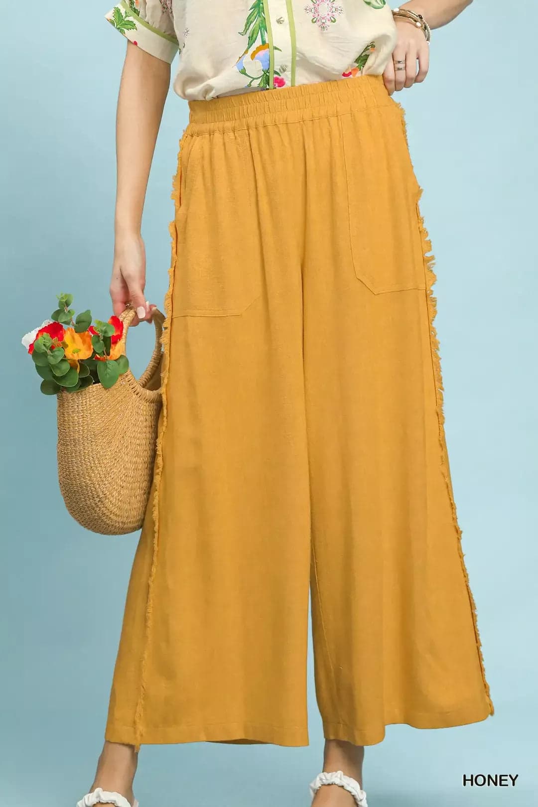 Umgee Linen Frayed Side Pocket Wide Leg Pants - HONEY / S