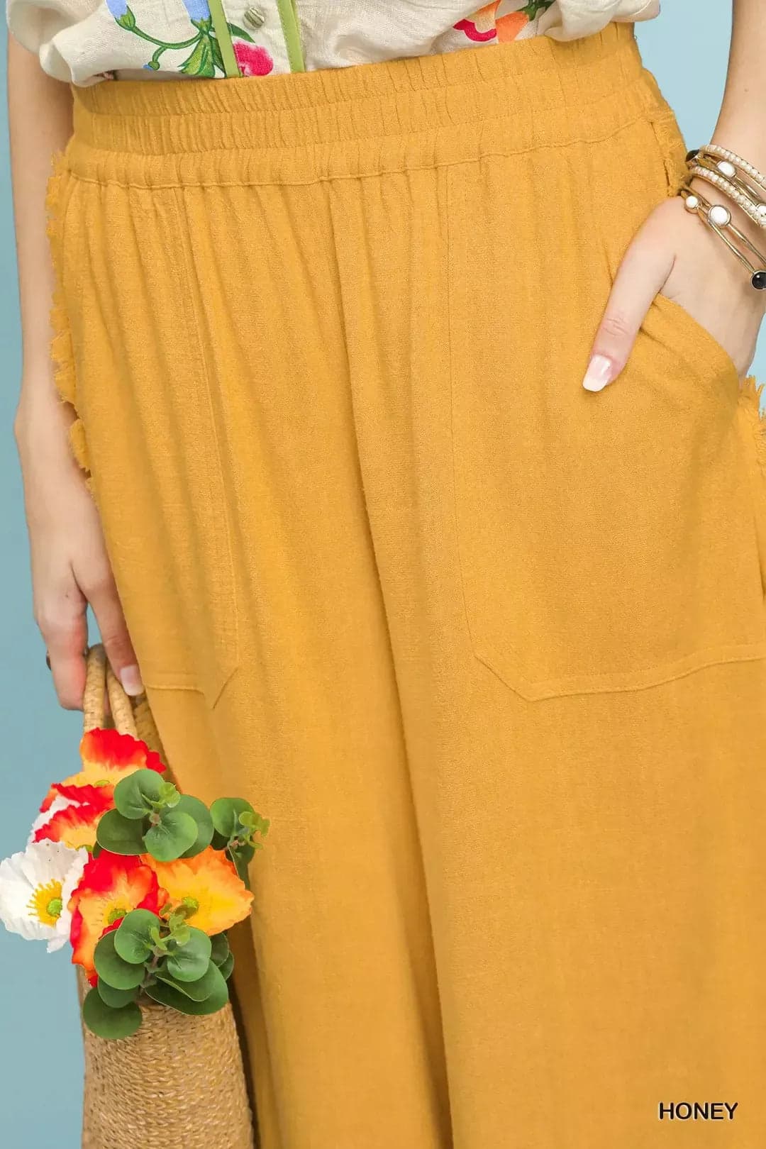 Umgee Linen Frayed Side Pocket Wide Leg Pants - HONEY / S - Thumbnail 4