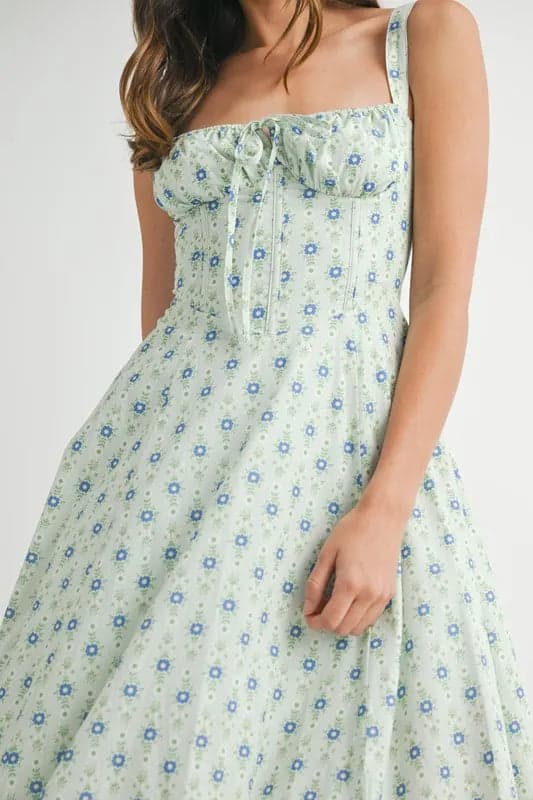 MABLE Floral Print Bustier Back Lace Up Midi Dress - MINT / S - Thumbnail 9