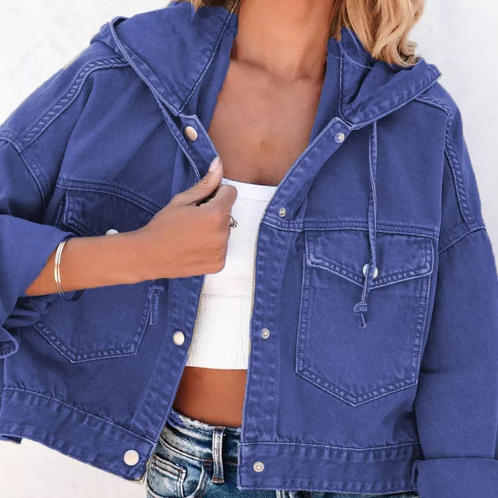 Hooded Dropped Shoulder Denim Jacket - Royal Blue / M - Thumbnail 8