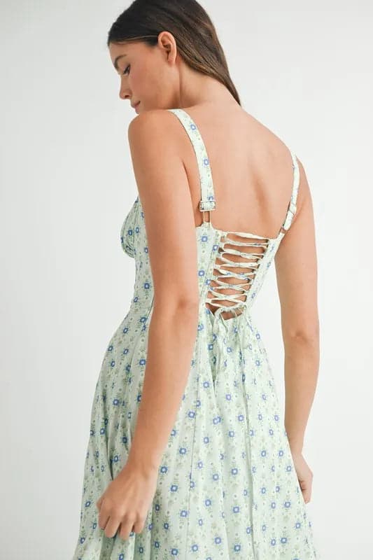 MABLE Floral Print Bustier Back Lace Up Midi Dress - MINT / S - Thumbnail 11