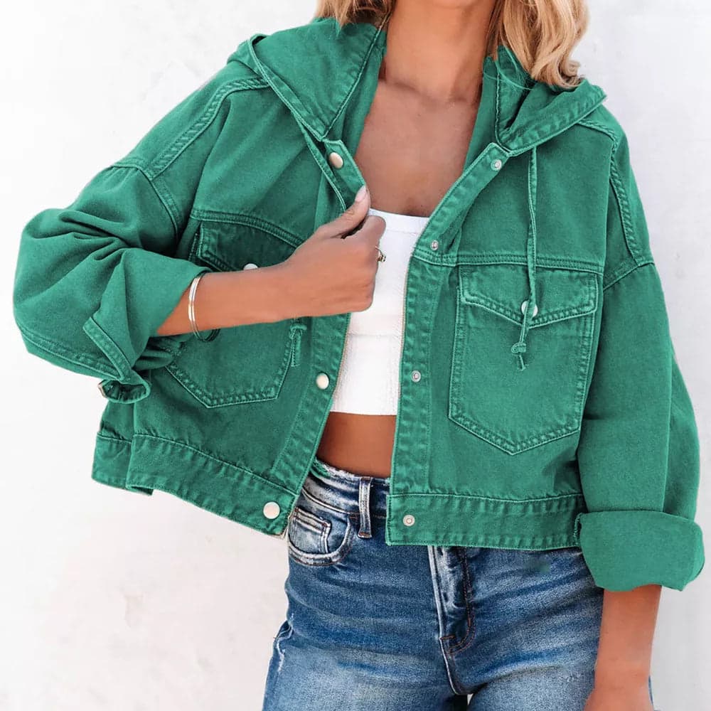Hooded Dropped Shoulder Denim Jacket - Teal / S