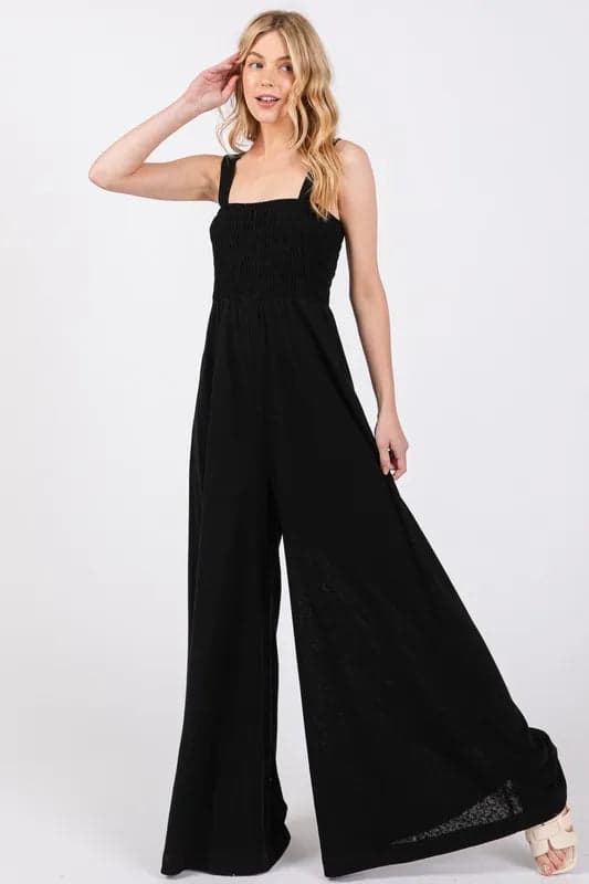 SAGE+FIG Smocked Flowy Wide Leg Jumpsuit - BLACK / S - Thumbnail 2