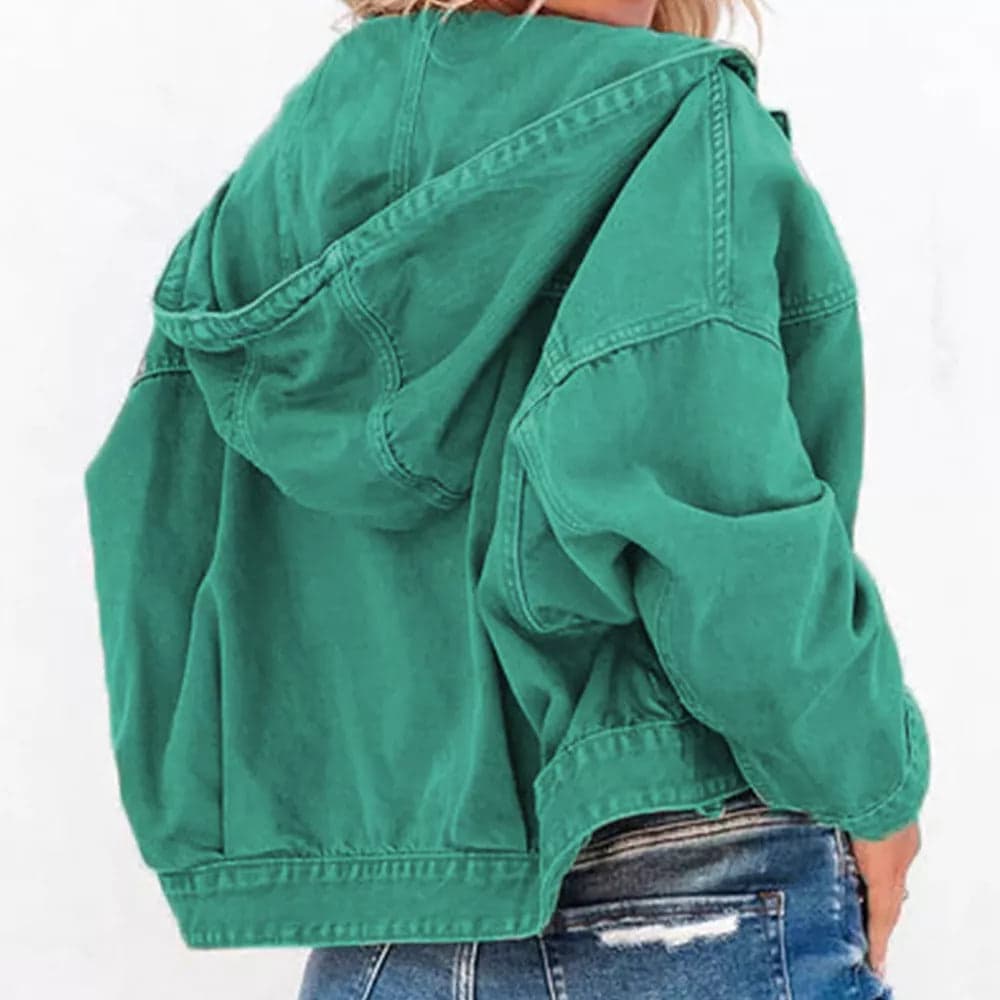 Hooded Dropped Shoulder Denim Jacket - Fuchsia / L - Thumbnail 2