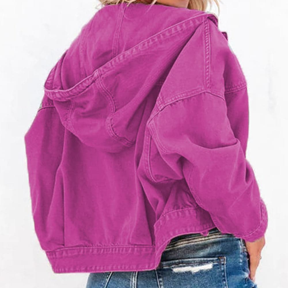 Hooded Dropped Shoulder Denim Jacket - Fuchsia / M - Thumbnail 6