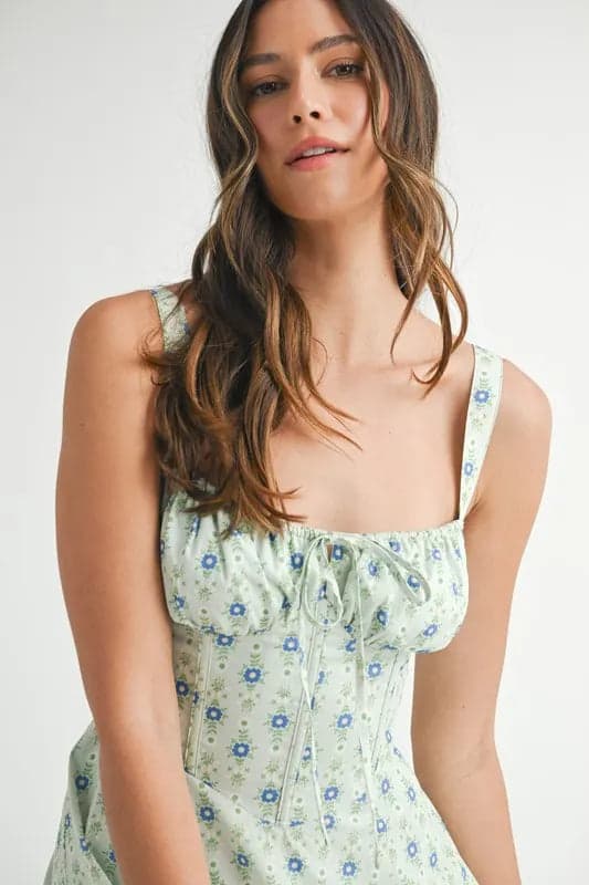 MABLE Floral Print Bustier Back Lace Up Midi Dress - MINT / S - Thumbnail 10