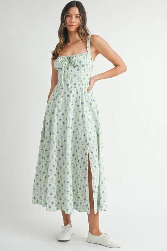 MABLE Floral Print Bustier Back Lace Up Midi Dress - MINT / S