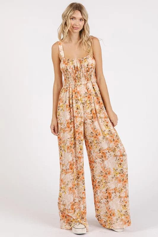 Mittoshop Flower Print Gathered Bust Sleeveless Jumpsuit - Ginger / L