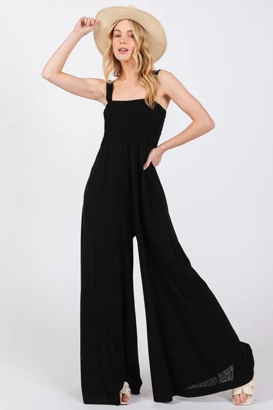 SAGE+FIG Smocked Flowy Wide Leg Jumpsuit - BLACK / S - Thumbnail 3