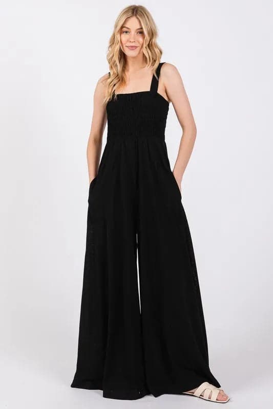 SAGE+FIG Smocked Flowy Wide Leg Jumpsuit - BLACK / S - Thumbnail 7