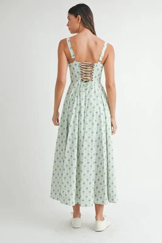 MABLE Floral Print Bustier Back Lace Up Midi Dress - MINT / S - Thumbnail 2