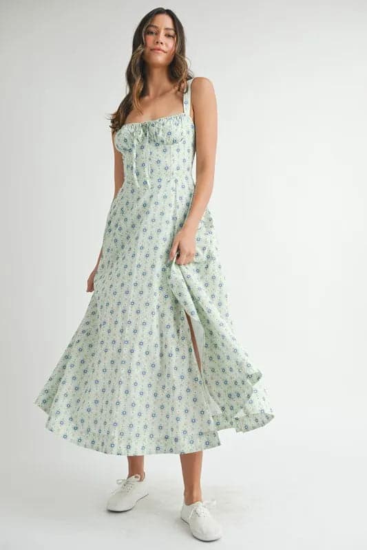 MABLE Floral Print Bustier Back Lace Up Midi Dress - MINT / S - Thumbnail 8