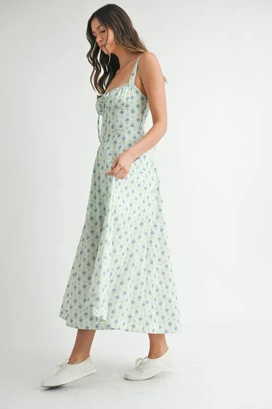 MABLE Floral Print Bustier Back Lace Up Midi Dress - MINT / S - Thumbnail 4