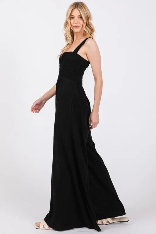 SAGE+FIG Smocked Flowy Wide Leg Jumpsuit - BLACK / S - Thumbnail 6