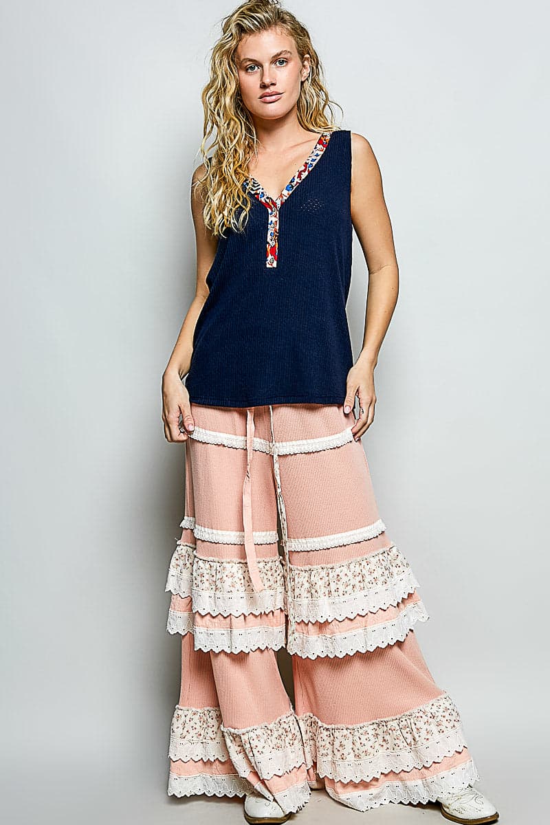 POL Ribbed V-Neck Tank with Contrast Floral Neckband - NAVY / M - Thumbnail 5