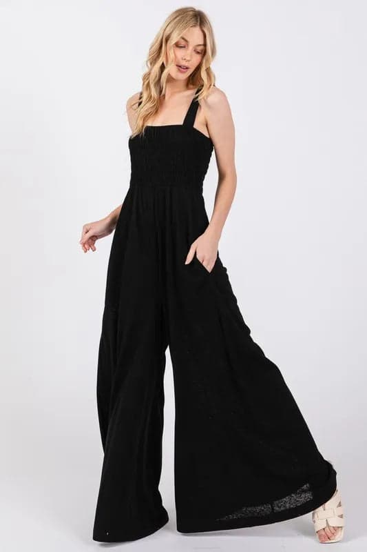 SAGE+FIG Smocked Flowy Wide Leg Jumpsuit - BLACK / S