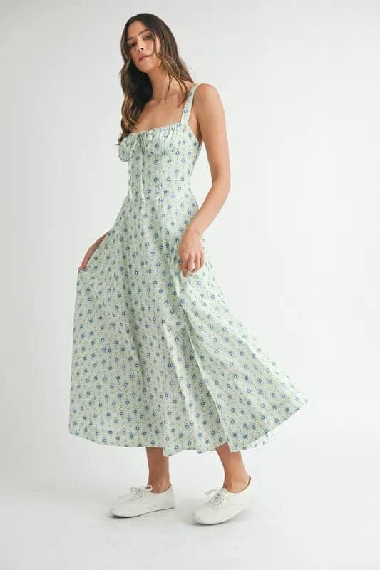 MABLE Floral Print Bustier Back Lace Up Midi Dress - MINT / S - Thumbnail 6