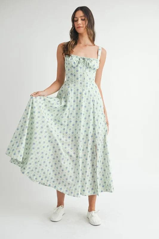 MABLE Floral Print Bustier Back Lace Up Midi Dress - MINT / S - Thumbnail 5