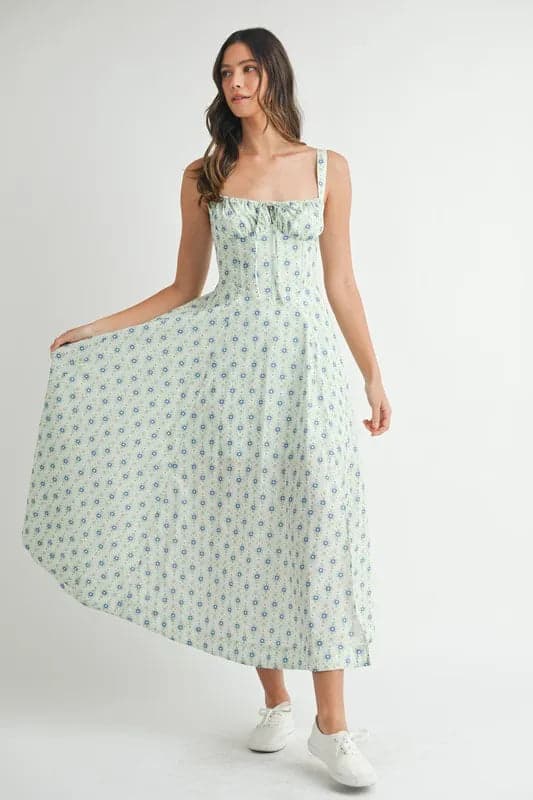 MABLE Floral Print Bustier Back Lace Up Midi Dress - MINT / S - Thumbnail 14