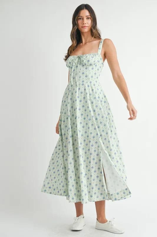 MABLE Floral Print Bustier Back Lace Up Midi Dress - MINT / S - Thumbnail 13