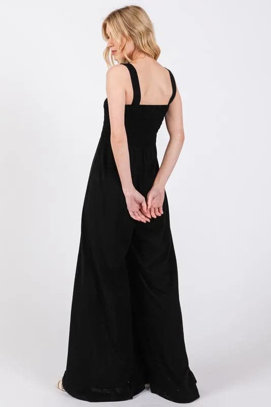SAGE+FIG Smocked Flowy Wide Leg Jumpsuit - BLACK / S - Thumbnail 10