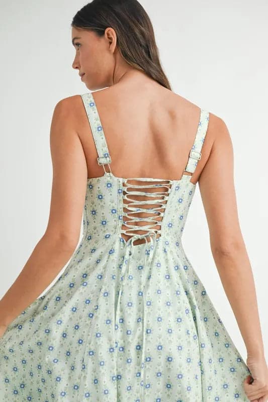 MABLE Floral Print Bustier Back Lace Up Midi Dress - MINT / S - Thumbnail 12
