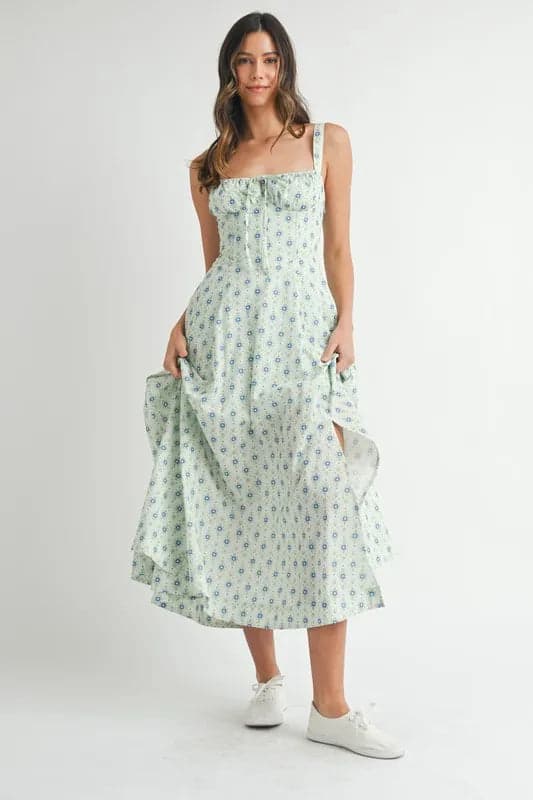 MABLE Floral Print Bustier Back Lace Up Midi Dress - MINT / S - Thumbnail 7
