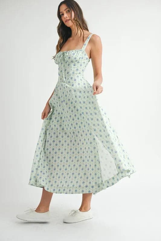 MABLE Floral Print Bustier Back Lace Up Midi Dress - MINT / S - Thumbnail 3